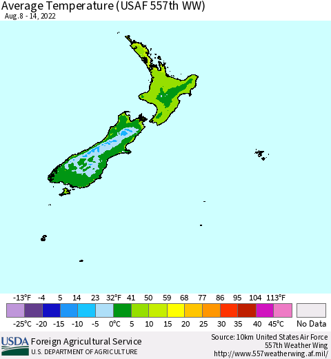 New Zealand Average Temperature (USAF 557th WW) Thematic Map For 8/8/2022 - 8/14/2022