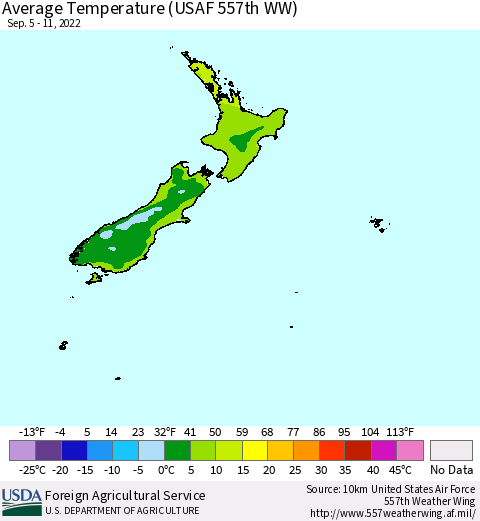 New Zealand Average Temperature (USAF 557th WW) Thematic Map For 9/5/2022 - 9/11/2022