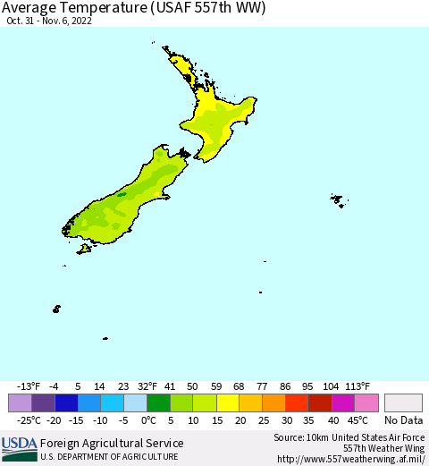 New Zealand Average Temperature (USAF 557th WW) Thematic Map For 10/31/2022 - 11/6/2022