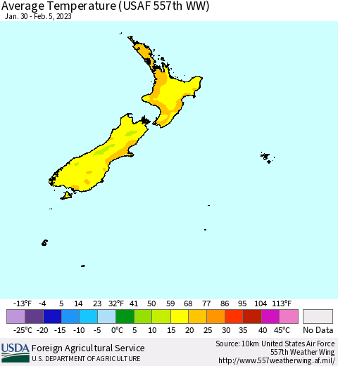 New Zealand Average Temperature (USAF 557th WW) Thematic Map For 1/30/2023 - 2/5/2023