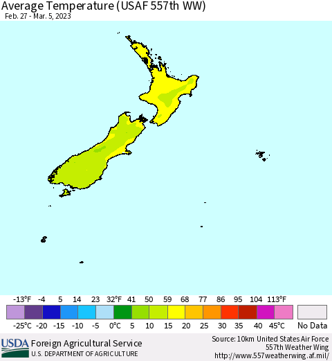 New Zealand Average Temperature (USAF 557th WW) Thematic Map For 2/27/2023 - 3/5/2023