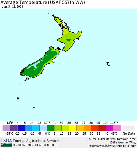 New Zealand Average Temperature (USAF 557th WW) Thematic Map For 6/5/2023 - 6/11/2023