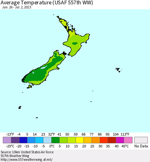 New Zealand Average Temperature (USAF 557th WW) Thematic Map For 6/26/2023 - 7/2/2023