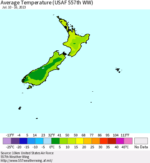 New Zealand Average Temperature (USAF 557th WW) Thematic Map For 7/10/2023 - 7/16/2023