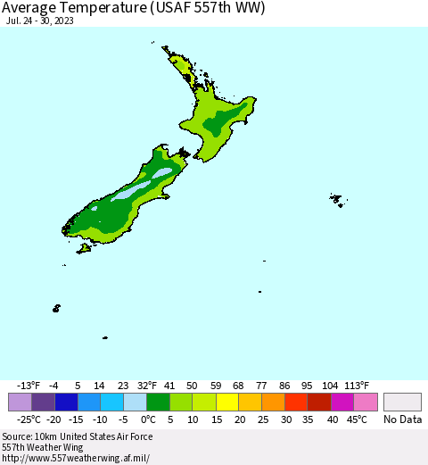 New Zealand Average Temperature (USAF 557th WW) Thematic Map For 7/24/2023 - 7/30/2023