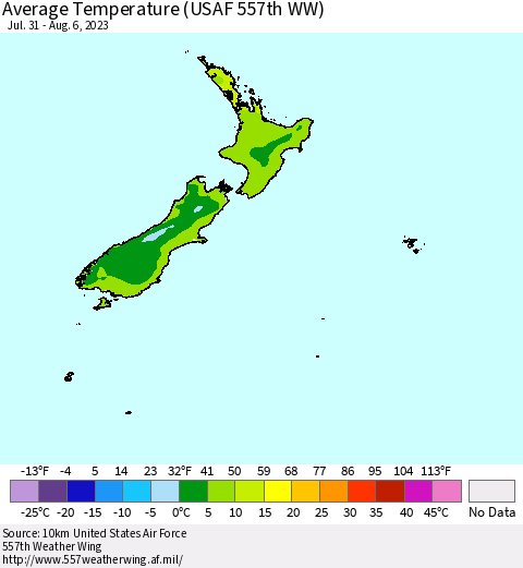 New Zealand Average Temperature (USAF 557th WW) Thematic Map For 7/31/2023 - 8/6/2023
