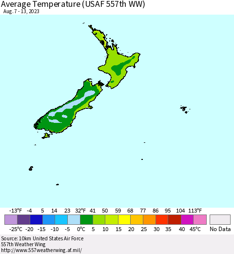 New Zealand Average Temperature (USAF 557th WW) Thematic Map For 8/7/2023 - 8/13/2023