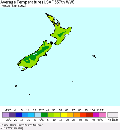 New Zealand Average Temperature (USAF 557th WW) Thematic Map For 8/28/2023 - 9/3/2023