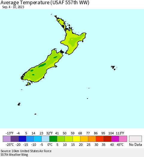 New Zealand Average Temperature (USAF 557th WW) Thematic Map For 9/4/2023 - 9/10/2023