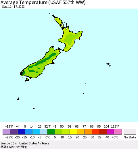 New Zealand Average Temperature (USAF 557th WW) Thematic Map For 9/11/2023 - 9/17/2023