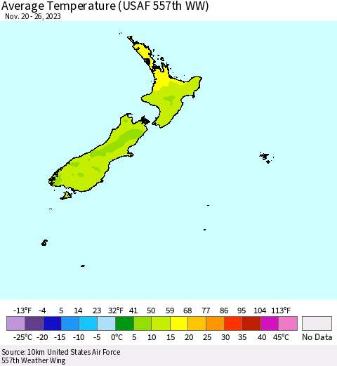 New Zealand Average Temperature (USAF 557th WW) Thematic Map For 11/20/2023 - 11/26/2023