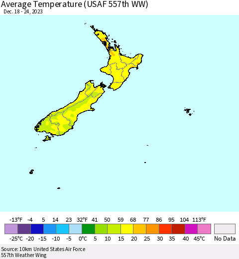 New Zealand Average Temperature (USAF 557th WW) Thematic Map For 12/18/2023 - 12/24/2023
