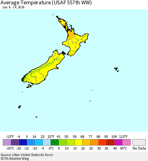 New Zealand Average Temperature (USAF 557th WW) Thematic Map For 1/8/2024 - 1/14/2024