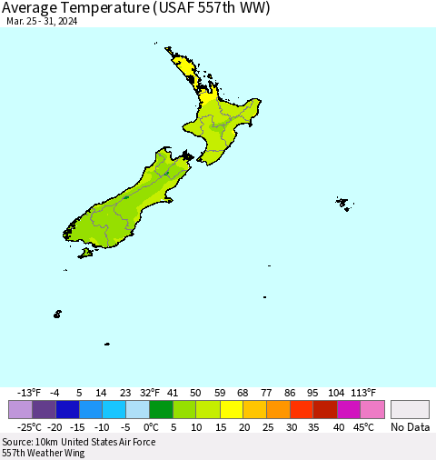 New Zealand Average Temperature (USAF 557th WW) Thematic Map For 3/25/2024 - 3/31/2024
