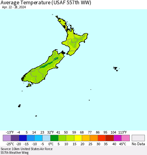 New Zealand Average Temperature (USAF 557th WW) Thematic Map For 4/22/2024 - 4/28/2024