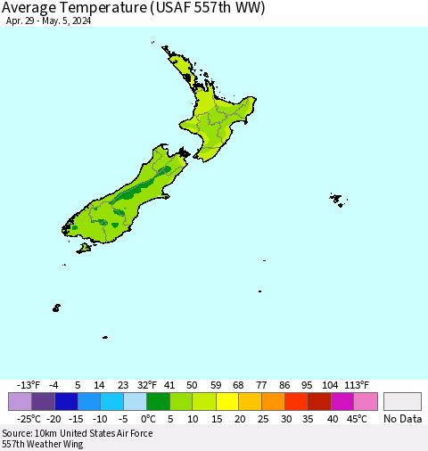 New Zealand Average Temperature (USAF 557th WW) Thematic Map For 4/29/2024 - 5/5/2024