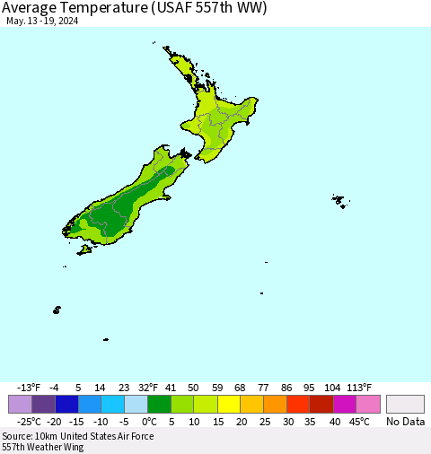 New Zealand Average Temperature (USAF 557th WW) Thematic Map For 5/13/2024 - 5/19/2024