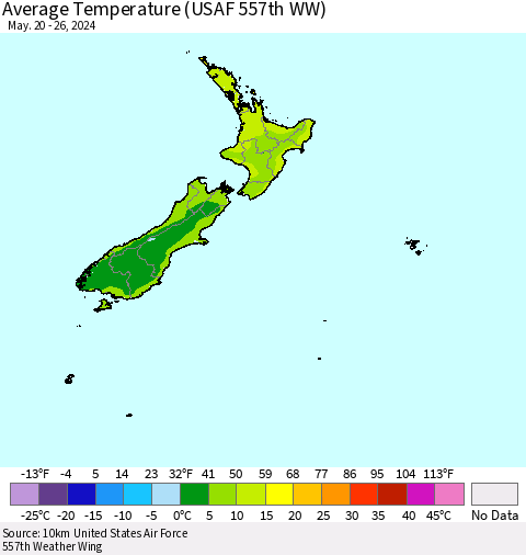 New Zealand Average Temperature (USAF 557th WW) Thematic Map For 5/20/2024 - 5/26/2024