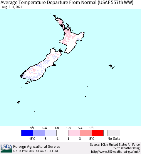 New Zealand Average Temperature Departure from Normal (USAF 557th WW) Thematic Map For 8/2/2021 - 8/8/2021