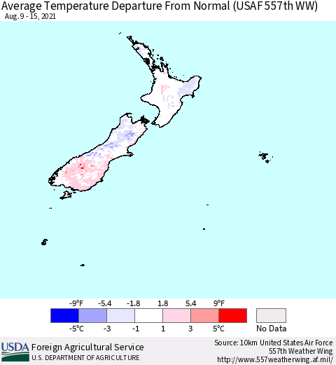 New Zealand Average Temperature Departure from Normal (USAF 557th WW) Thematic Map For 8/9/2021 - 8/15/2021