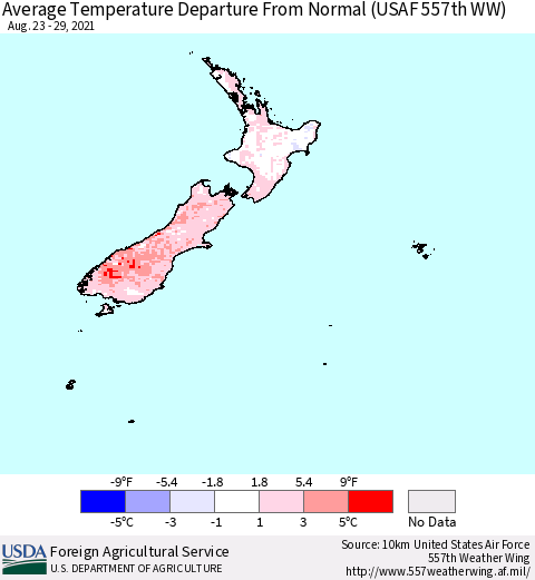 New Zealand Average Temperature Departure from Normal (USAF 557th WW) Thematic Map For 8/23/2021 - 8/29/2021