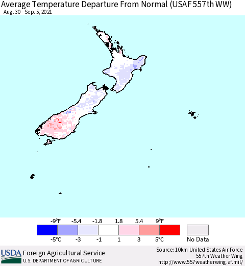 New Zealand Average Temperature Departure from Normal (USAF 557th WW) Thematic Map For 8/30/2021 - 9/5/2021