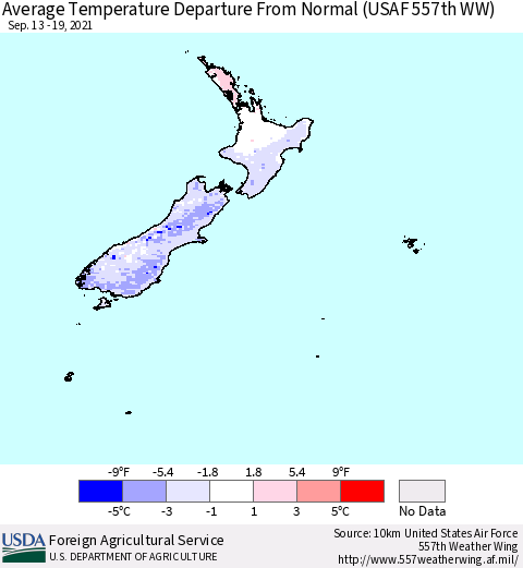 New Zealand Average Temperature Departure from Normal (USAF 557th WW) Thematic Map For 9/13/2021 - 9/19/2021