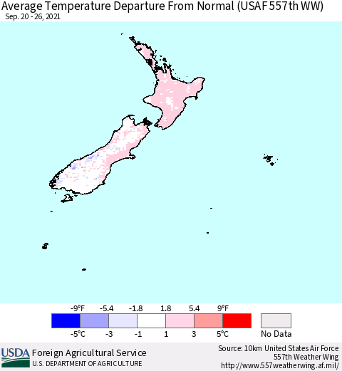 New Zealand Average Temperature Departure from Normal (USAF 557th WW) Thematic Map For 9/20/2021 - 9/26/2021