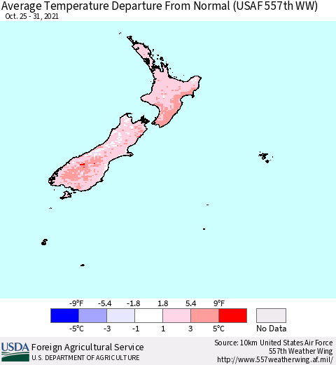 New Zealand Average Temperature Departure from Normal (USAF 557th WW) Thematic Map For 10/25/2021 - 10/31/2021
