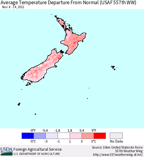New Zealand Average Temperature Departure from Normal (USAF 557th WW) Thematic Map For 11/8/2021 - 11/14/2021