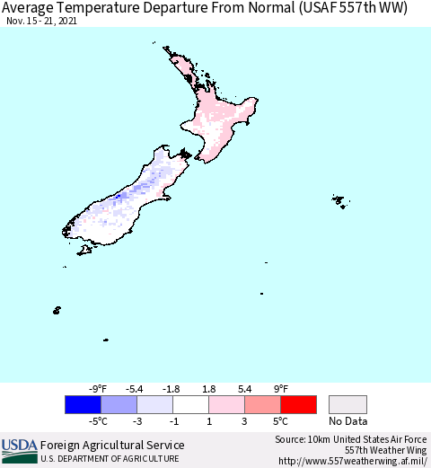 New Zealand Average Temperature Departure from Normal (USAF 557th WW) Thematic Map For 11/15/2021 - 11/21/2021