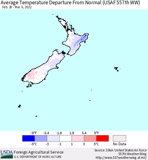 New Zealand Average Temperature Departure from Normal (USAF 557th WW) Thematic Map For 2/28/2022 - 3/6/2022
