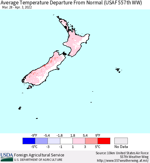 New Zealand Average Temperature Departure from Normal (USAF 557th WW) Thematic Map For 3/28/2022 - 4/3/2022