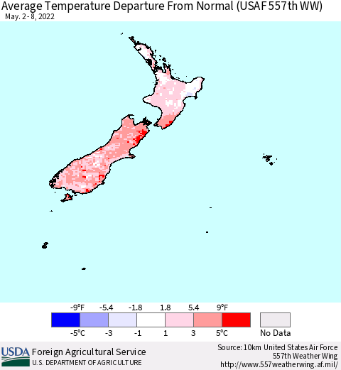 New Zealand Average Temperature Departure from Normal (USAF 557th WW) Thematic Map For 5/2/2022 - 5/8/2022