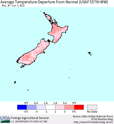 New Zealand Average Temperature Departure from Normal (USAF 557th WW) Thematic Map For 5/30/2022 - 6/5/2022