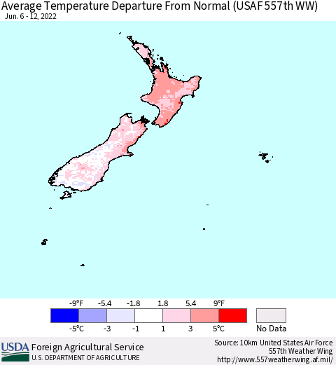 New Zealand Average Temperature Departure from Normal (USAF 557th WW) Thematic Map For 6/6/2022 - 6/12/2022