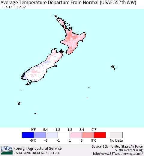 New Zealand Average Temperature Departure from Normal (USAF 557th WW) Thematic Map For 6/13/2022 - 6/19/2022