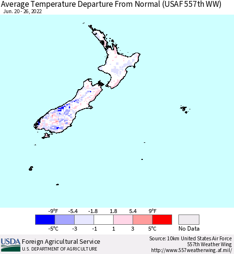 New Zealand Average Temperature Departure from Normal (USAF 557th WW) Thematic Map For 6/20/2022 - 6/26/2022