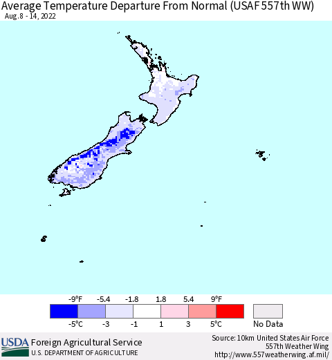 New Zealand Average Temperature Departure from Normal (USAF 557th WW) Thematic Map For 8/8/2022 - 8/14/2022