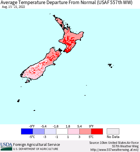 New Zealand Average Temperature Departure from Normal (USAF 557th WW) Thematic Map For 8/15/2022 - 8/21/2022