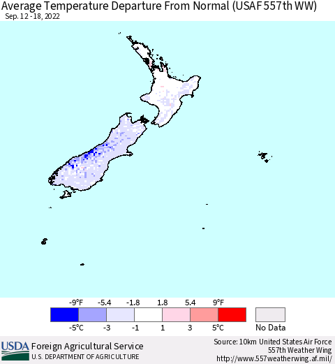 New Zealand Average Temperature Departure from Normal (USAF 557th WW) Thematic Map For 9/12/2022 - 9/18/2022