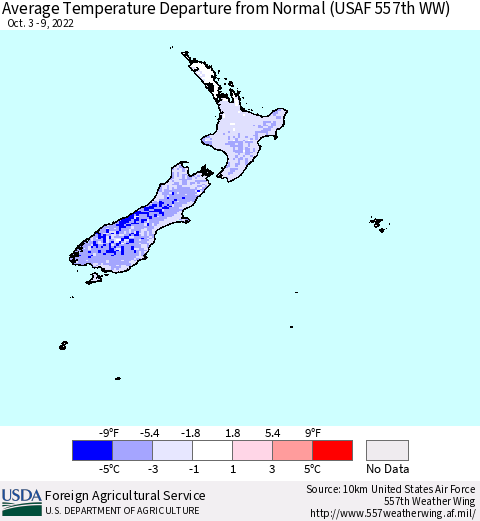 New Zealand Average Temperature Departure from Normal (USAF 557th WW) Thematic Map For 10/3/2022 - 10/9/2022