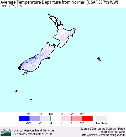 New Zealand Average Temperature Departure from Normal (USAF 557th WW) Thematic Map For 10/17/2022 - 10/23/2022