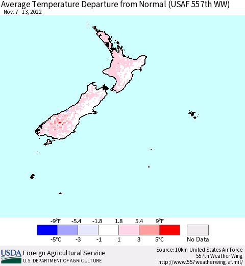 New Zealand Average Temperature Departure from Normal (USAF 557th WW) Thematic Map For 11/7/2022 - 11/13/2022