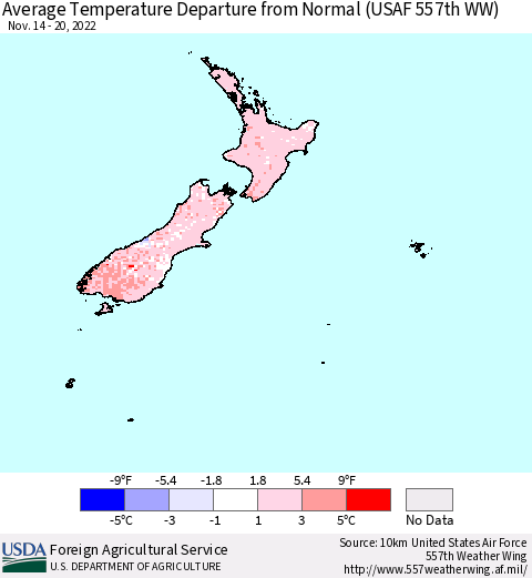 New Zealand Average Temperature Departure from Normal (USAF 557th WW) Thematic Map For 11/14/2022 - 11/20/2022