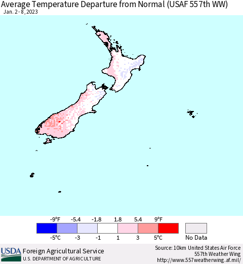 New Zealand Average Temperature Departure from Normal (USAF 557th WW) Thematic Map For 1/2/2023 - 1/8/2023