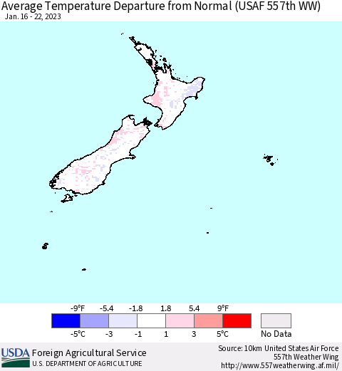 New Zealand Average Temperature Departure from Normal (USAF 557th WW) Thematic Map For 1/16/2023 - 1/22/2023