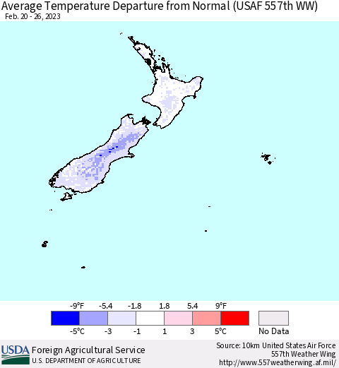 New Zealand Average Temperature Departure from Normal (USAF 557th WW) Thematic Map For 2/20/2023 - 2/26/2023