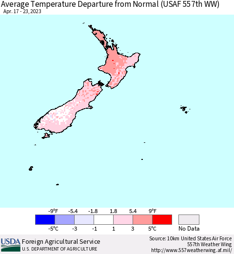 New Zealand Average Temperature Departure from Normal (USAF 557th WW) Thematic Map For 4/17/2023 - 4/23/2023