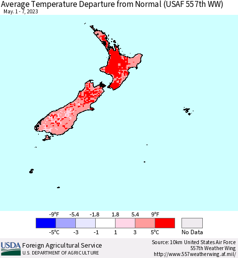 New Zealand Average Temperature Departure from Normal (USAF 557th WW) Thematic Map For 5/1/2023 - 5/7/2023